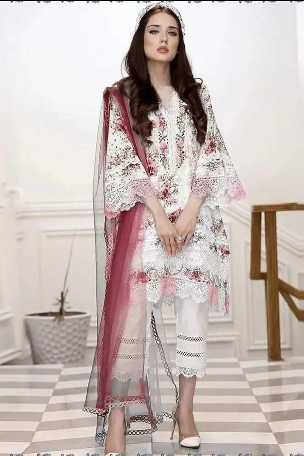 Farida Hassaan | White & Pink - Chicken Kari Luxury Lawn Collection Replica