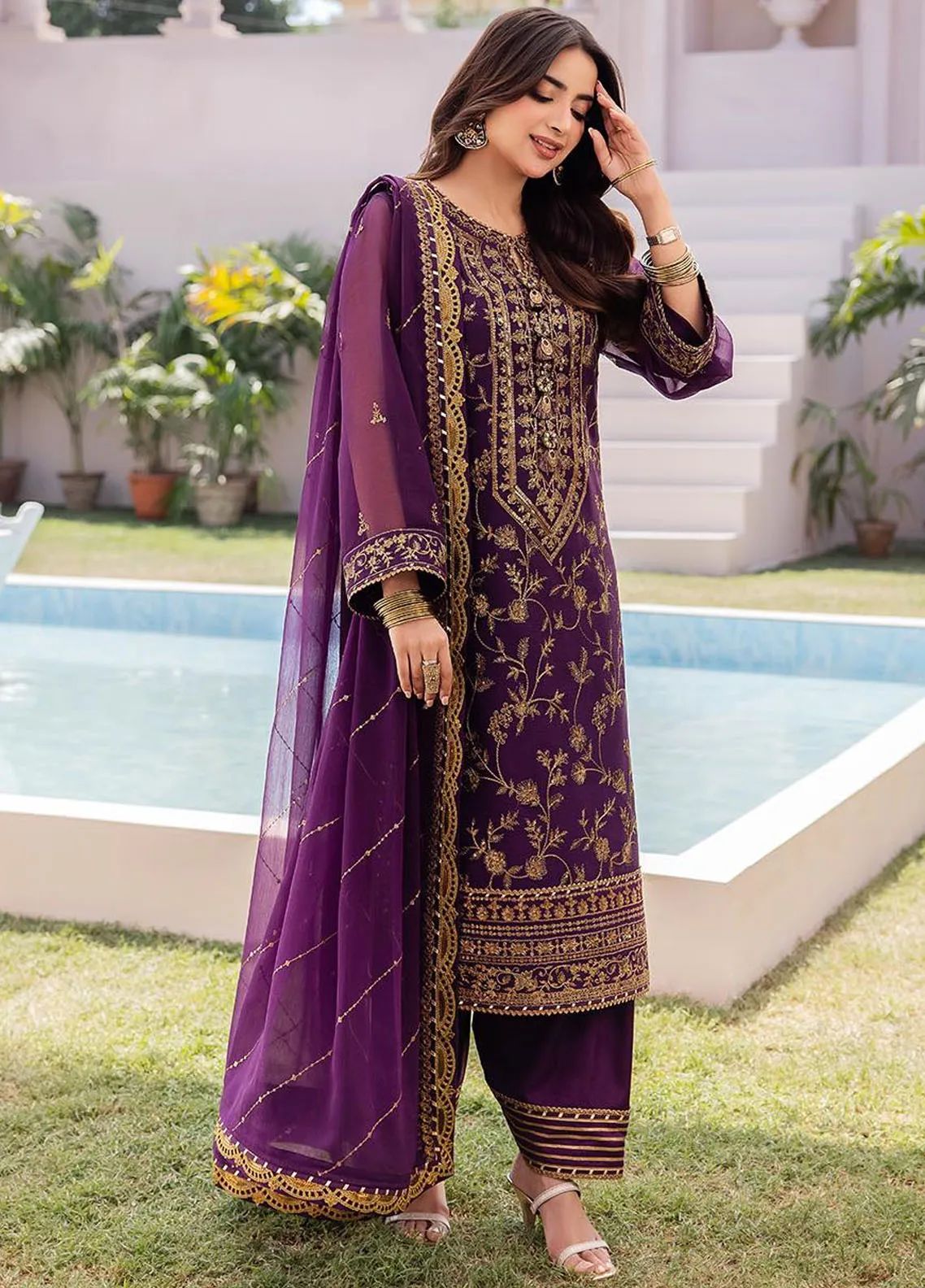 asim jofa purple dress AJLFF-01- Purple Embroidered Net Outfit By- Asim Jofa