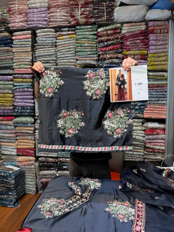 Ethnc Silk Embroidered Black 3Pc