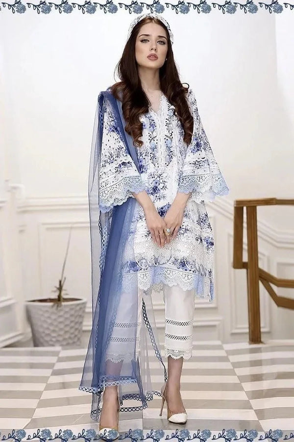 Farida Hassaan | White & Blue - Chicken Kari Luxury Lawn Collection Replica