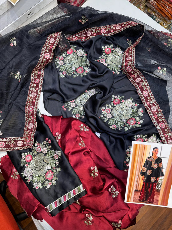 Ethnc Silk Embroidered Black 3Pc