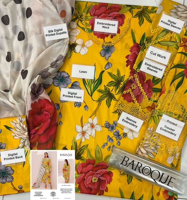 Baroque Yellow Printed Lawn Collection Replica