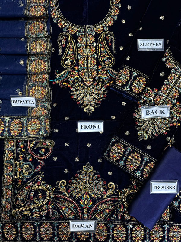 Asim Jofa Navy Blue Velvet Formal Collection Replica