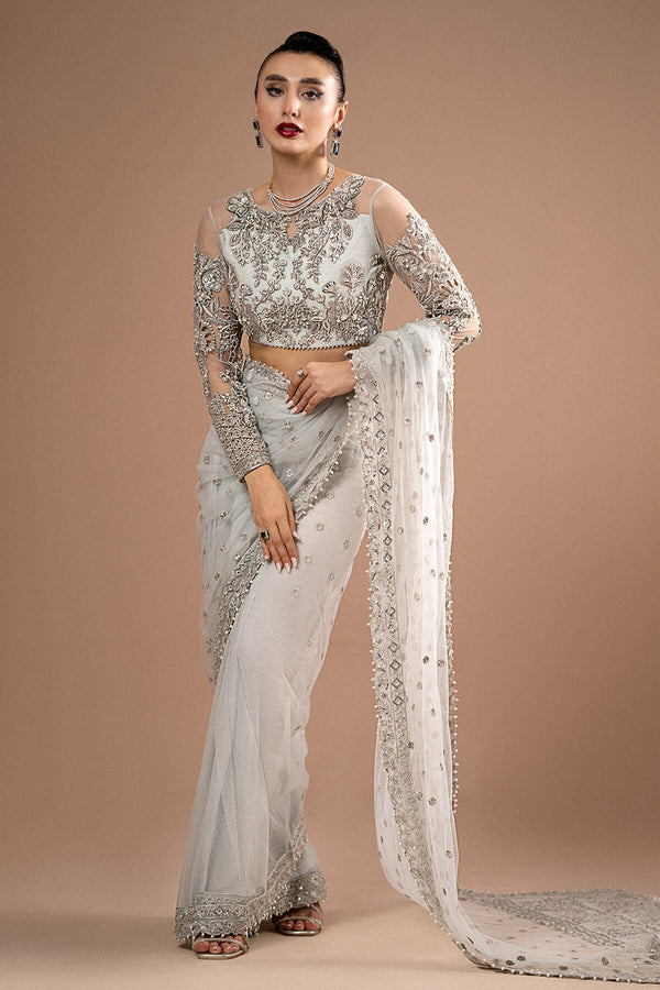 Maria B Silver Exclusive Net Saree Replica