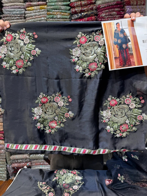 Ethnc Silk Embroidered Black 3Pc
