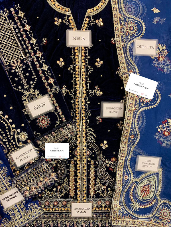 Qalamkar Navy Blue Velvet Formal Collection Replica