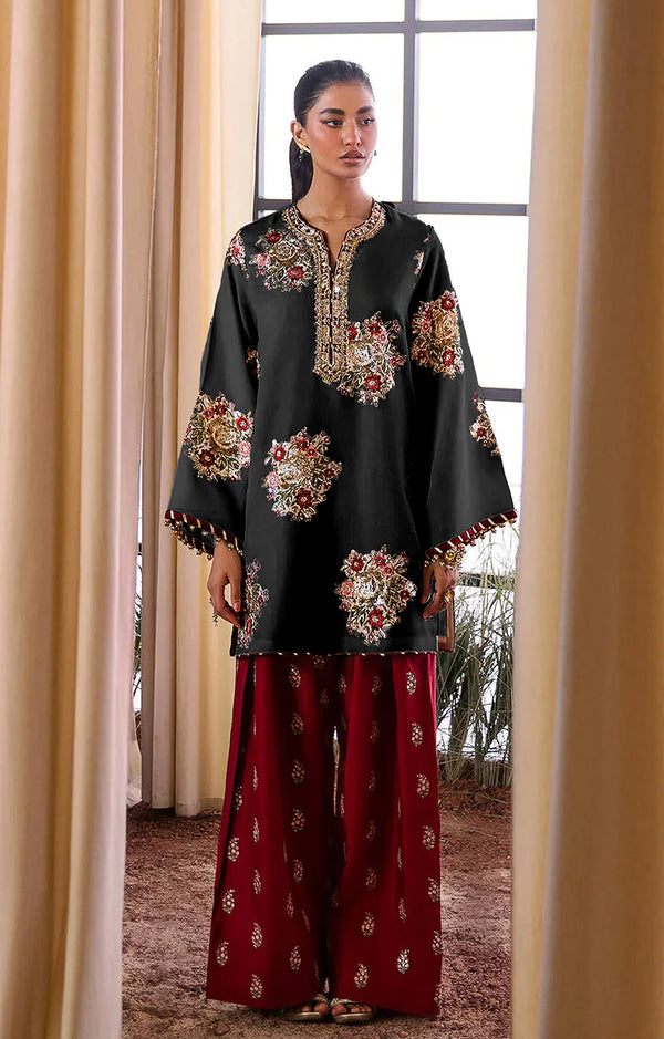Ethnc Silk Embroidered Black 3Pc