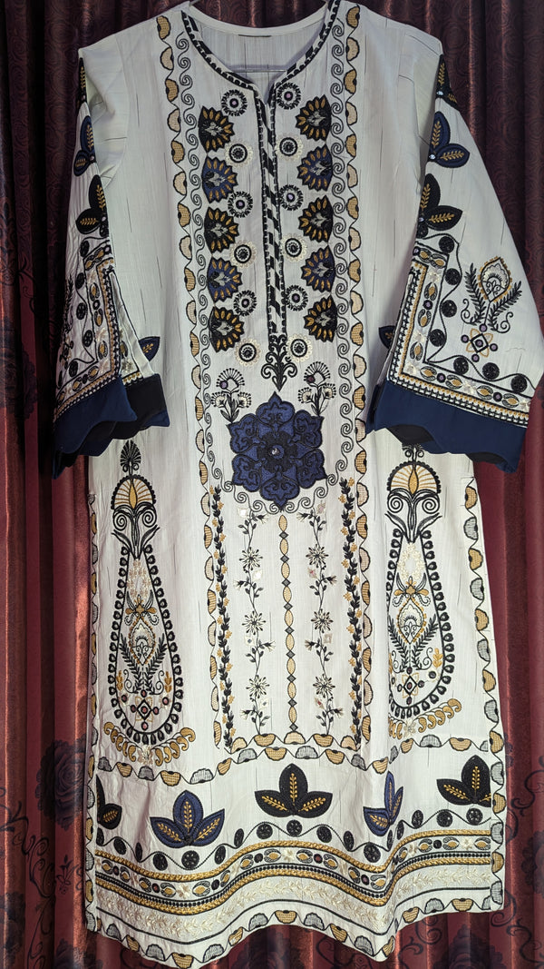 BEIGE AND BLACK EMBROIDERED KHADDAR