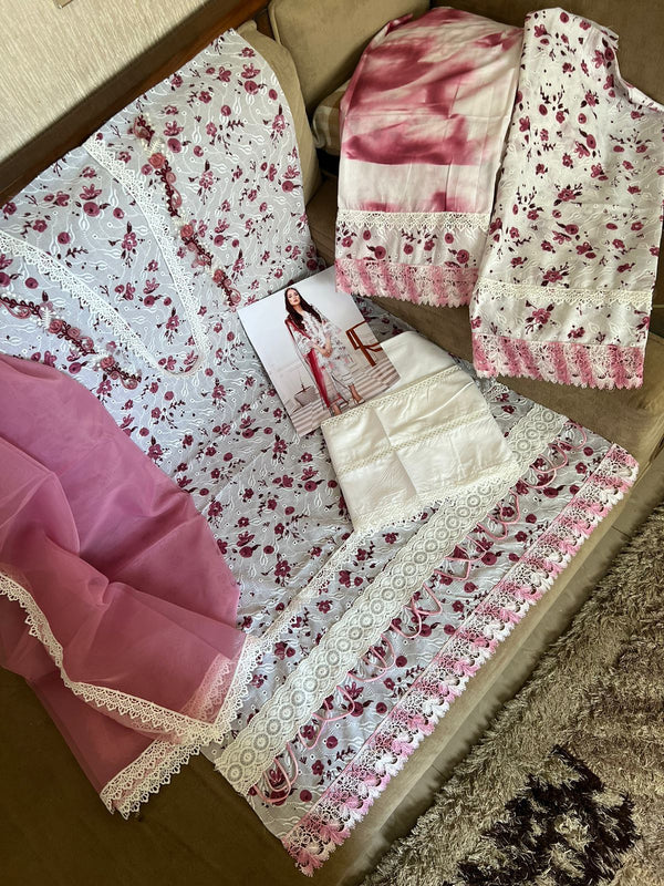 Farida Hassaan | White & Pink - Chicken Kari Luxury Lawn Collection Replica