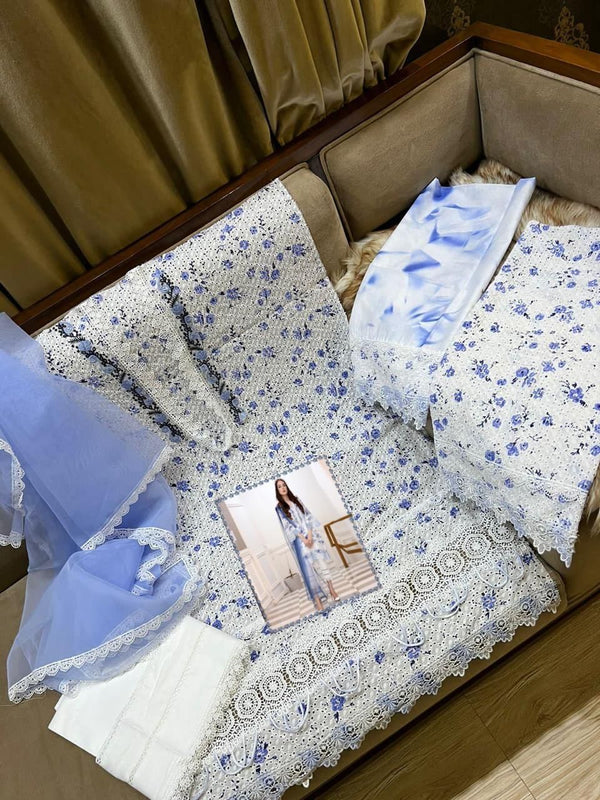 Farida Hassaan | White & Blue - Chicken Kari Luxury Lawn Collection Replica