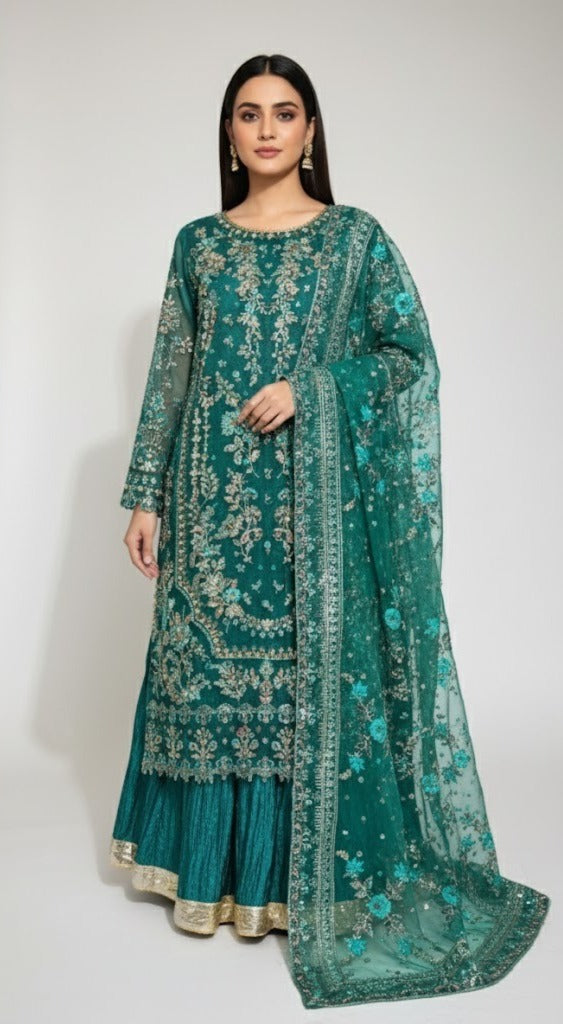 DEEP EMERALD ORGANZA SHARARA 3PC