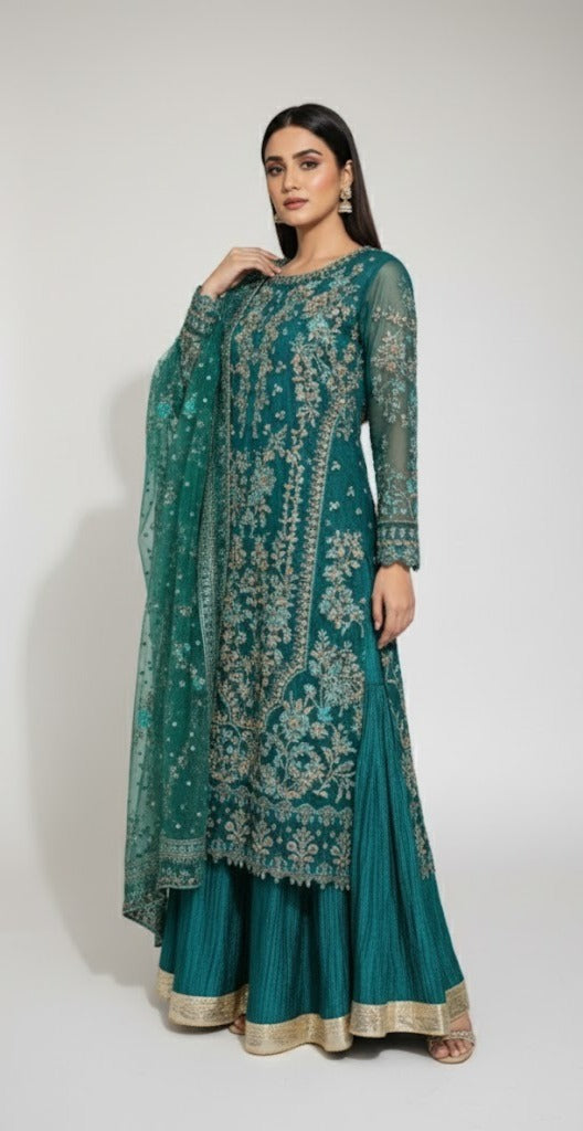 DEEP EMERALD ORGANZA SHARARA 3PC