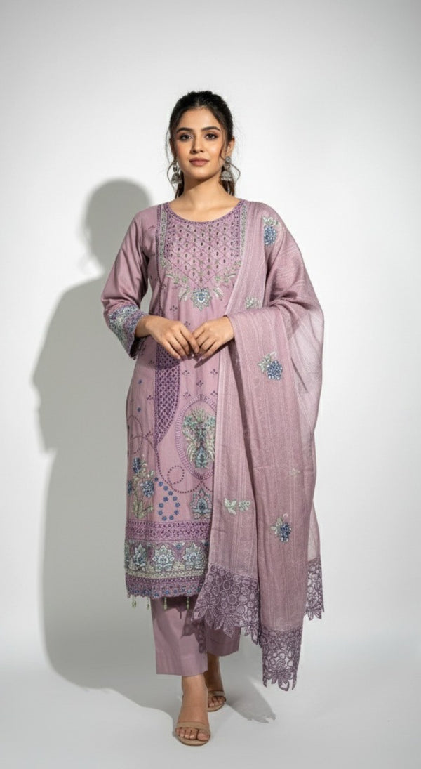 DUSTY PINK CHIKANKARI KHADDAR