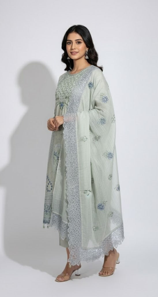 PASTEL GREEN CHIKANKARI KHADDAR