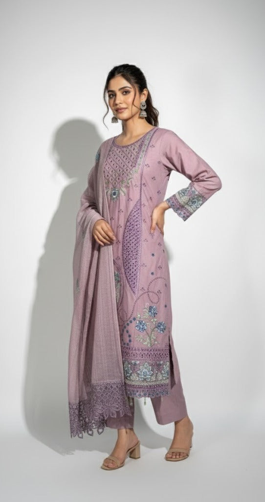 DUSTY PINK CHIKANKARI KHADDAR