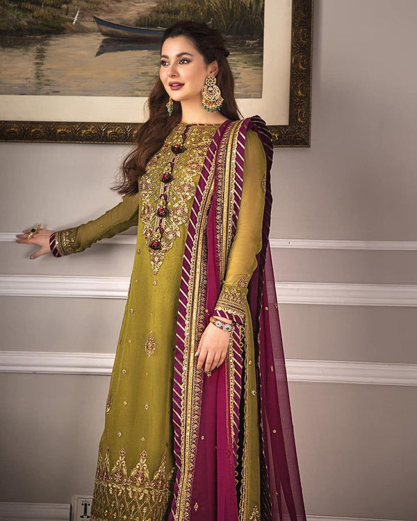 Asim Jofa Olive Chiffon Collection Replica