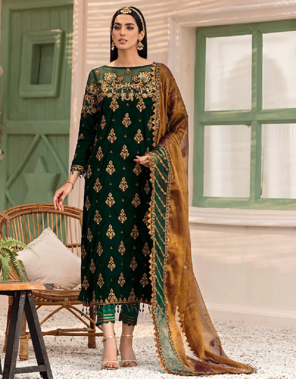 Emaan Adeel Dark Green/Blue Velvet Formal Collection Replica