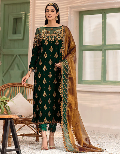 Emaan Adeel Dark Green/Blue Velvet Formal Collection Replica