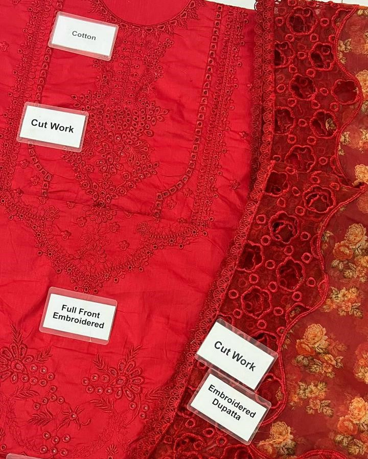 Qalamkar Red Chikankari Formal Collection Replica