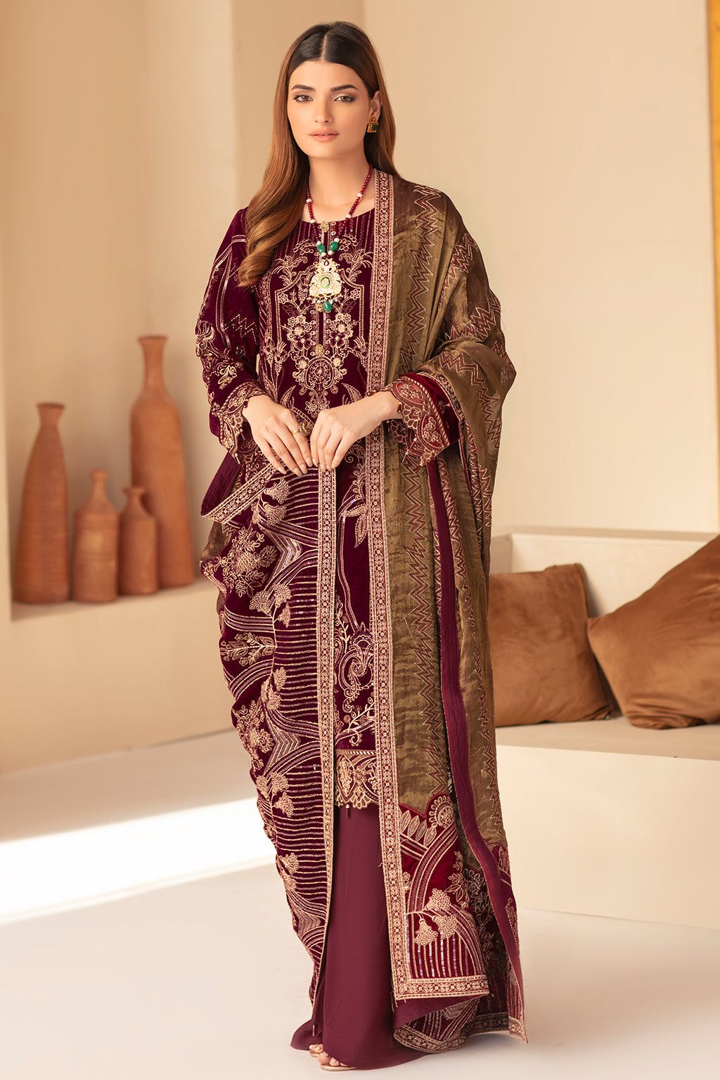 Ramsha Maroon Embroidered Formal Collection Velvet Replica