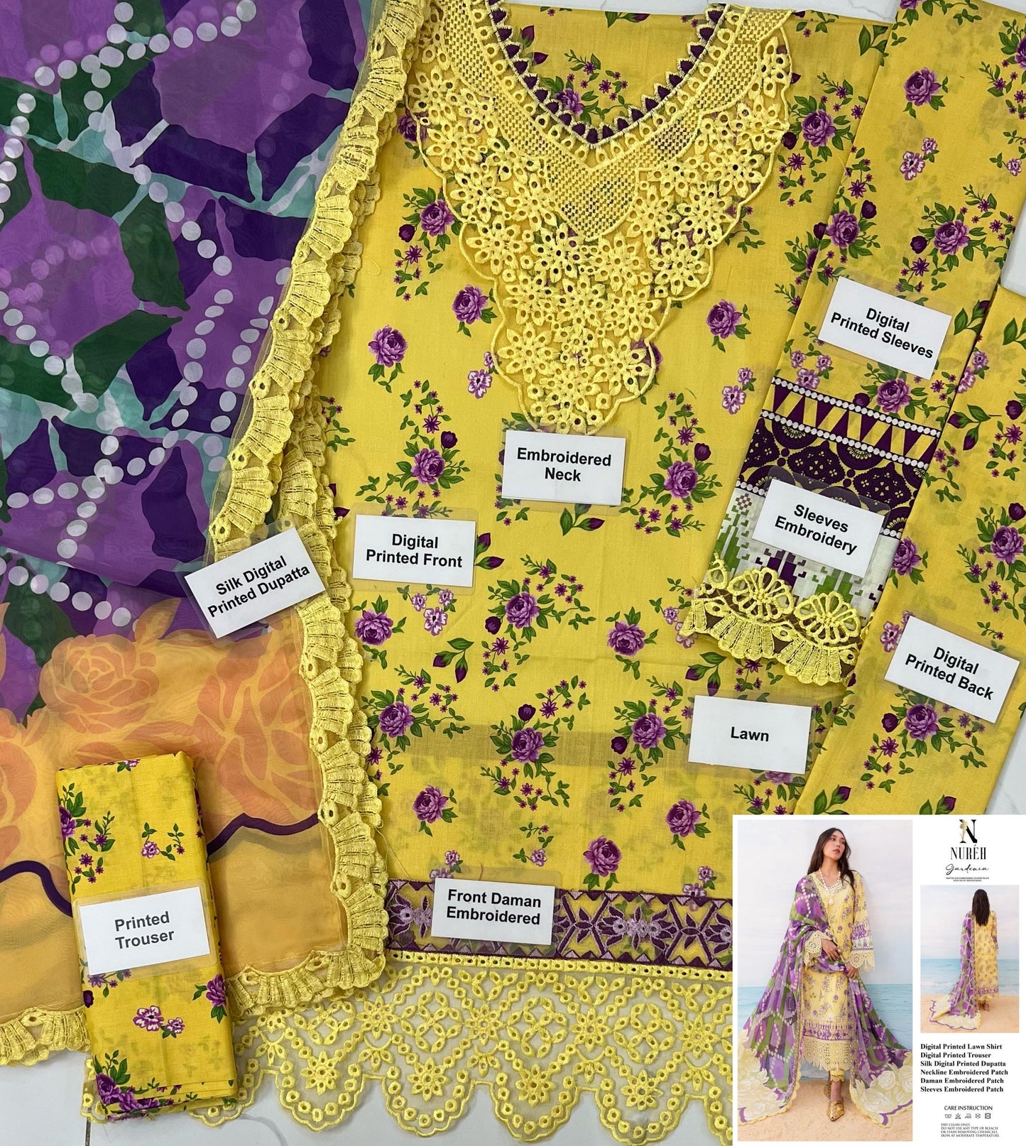 Nureh Yellow Digital Printed Lawn Collection Replica