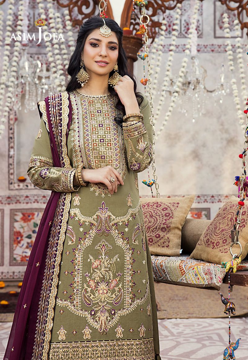 Asim Jofa Olive Embroidered Chiffon Collection Replica