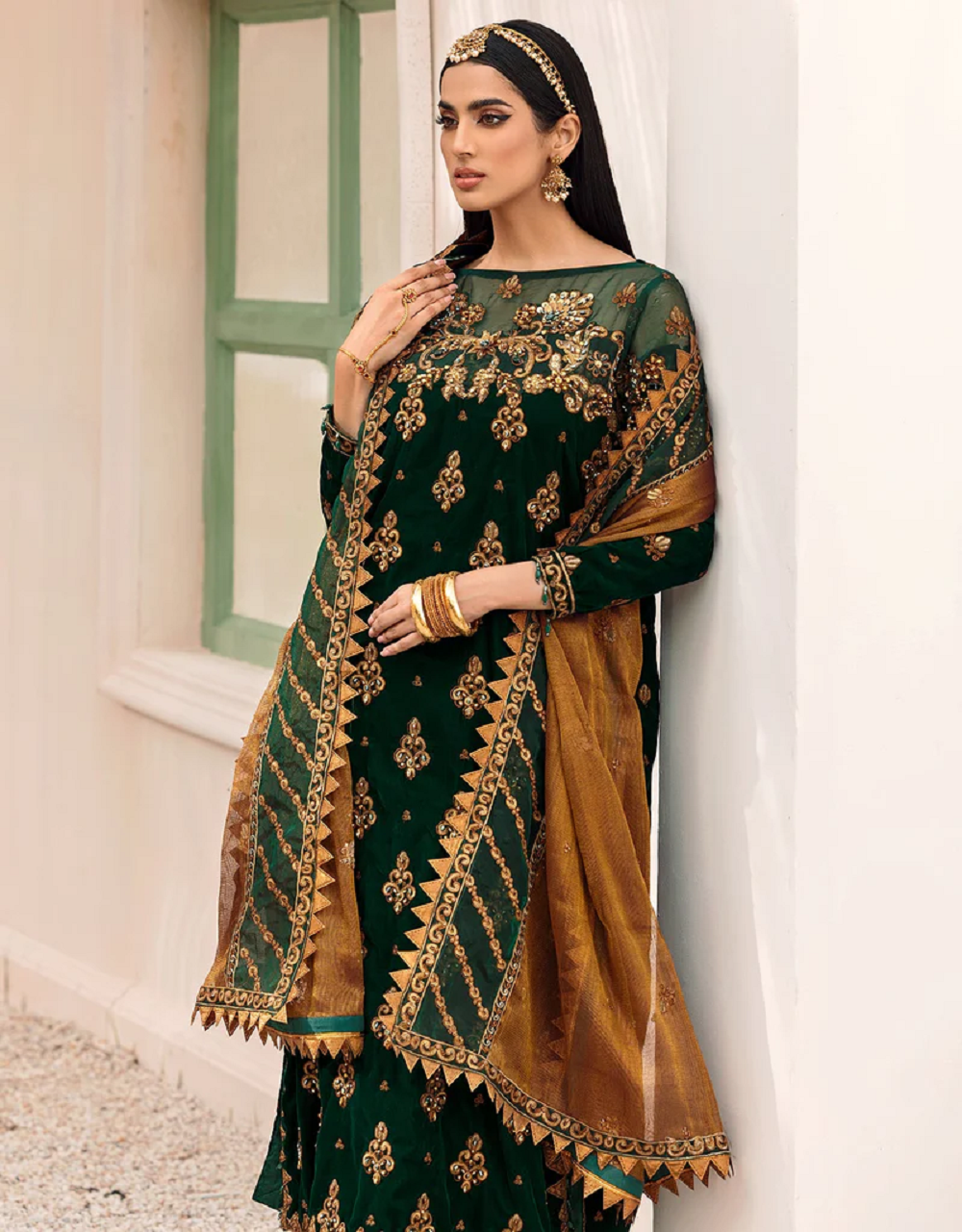 Emaan Adeel Dark Green/Blue Velvet Formal Collection Replica