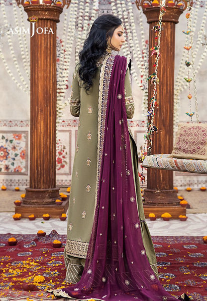 Asim Jofa Olive Embroidered Chiffon Collection Replica