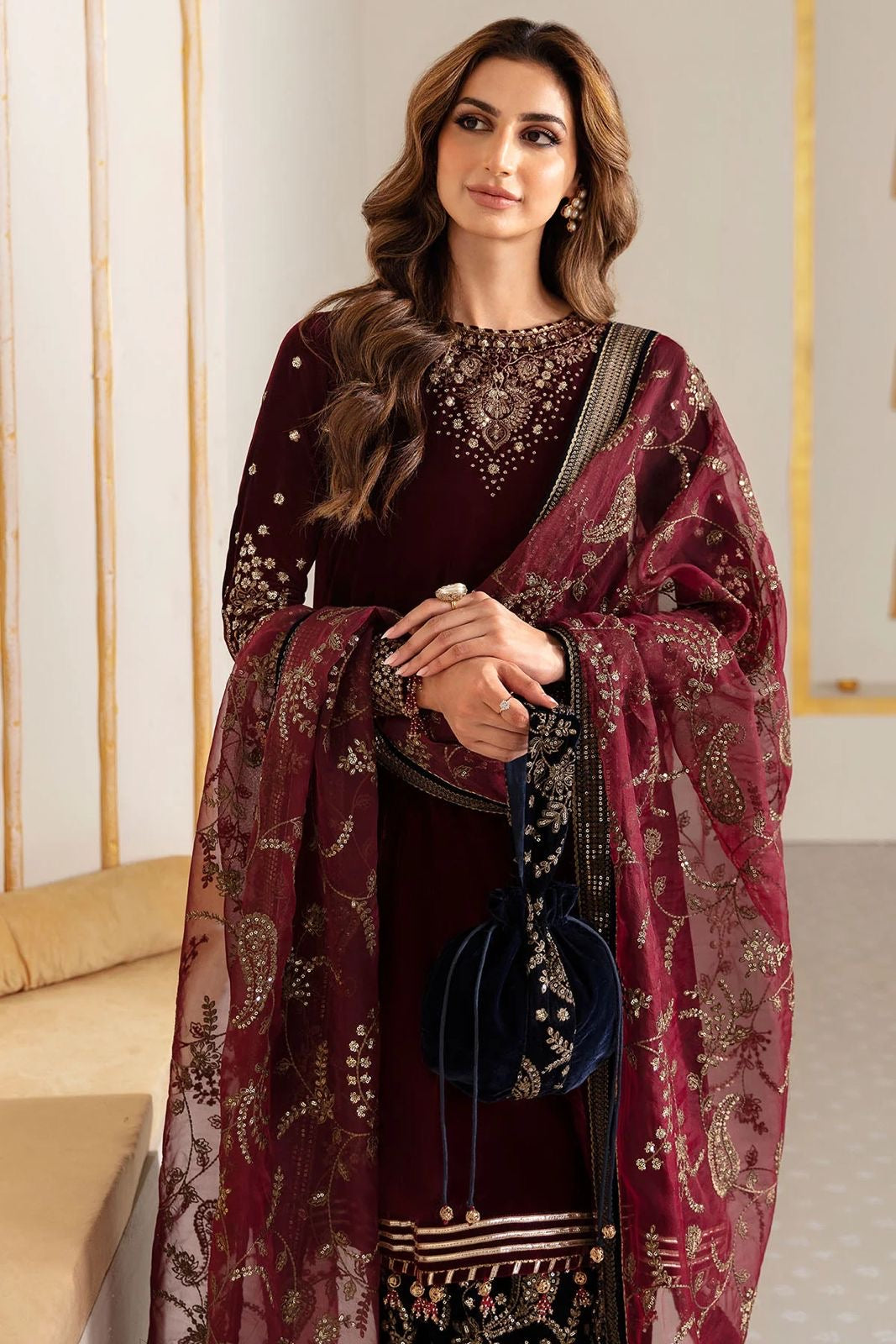 Jazmin Maroon Velvet Formal Collection Replica