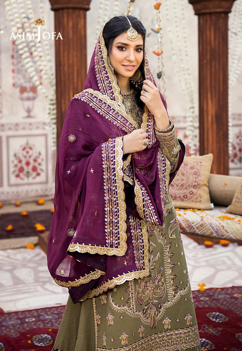 Asim Jofa Olive Embroidered Chiffon Collection Replica