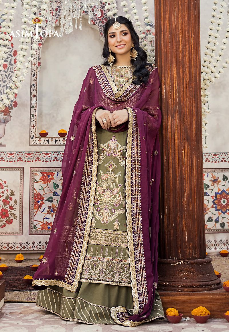 Asim Jofa Olive Embroidered Chiffon Collection Replica