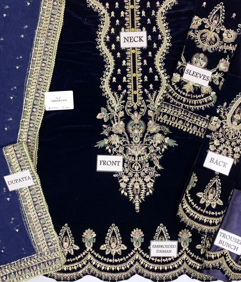 Afrozeh Navy Blue Velvet Formal Collection Replica