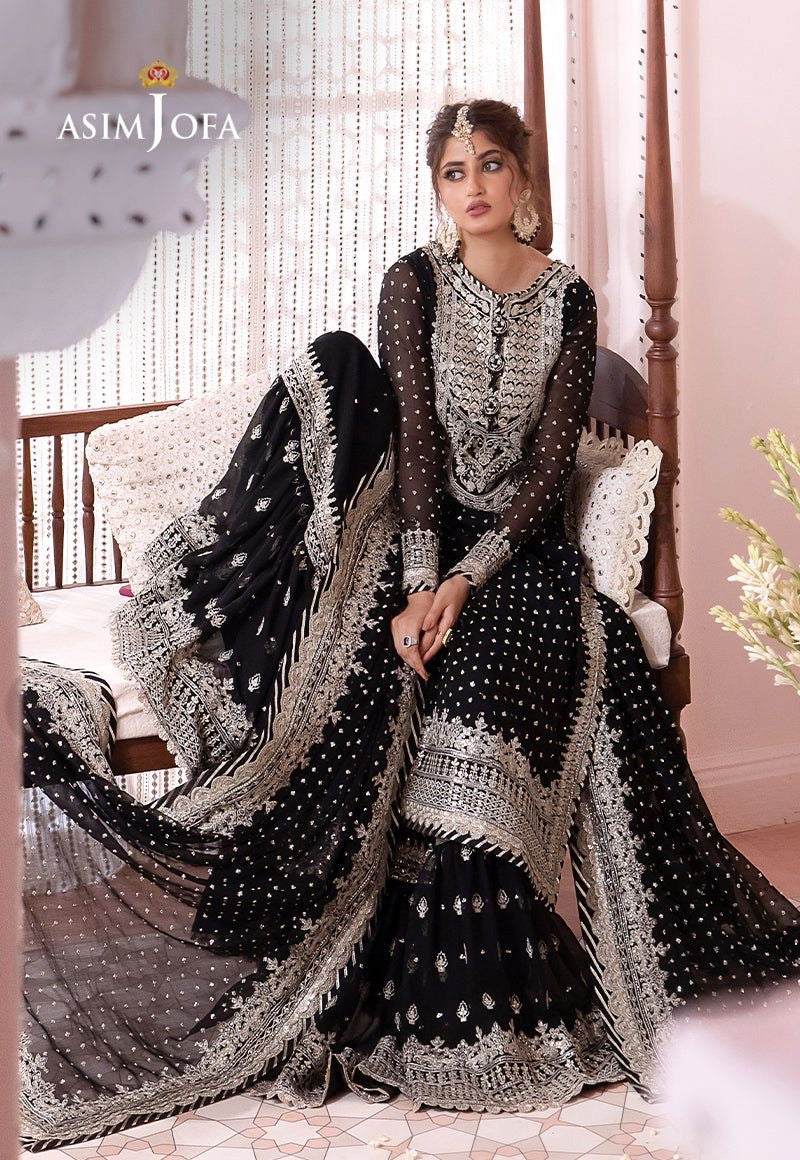 Asim Jofa Black Chiffon Formal Collection Gharara Replica