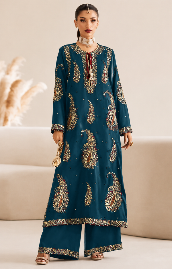 ETHNC SILK E-623 KAFTAN 2PC UNSTICHED (dark blue)