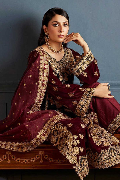 Zainab Chottani Maroon Velvet Formal Collection Replica