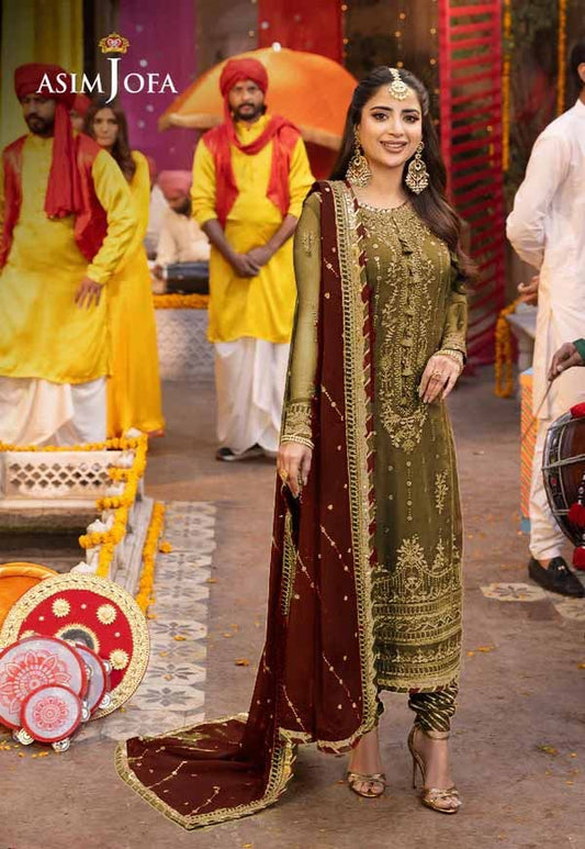 Asim Jofa Olive Chiffon Formal Collection Replica