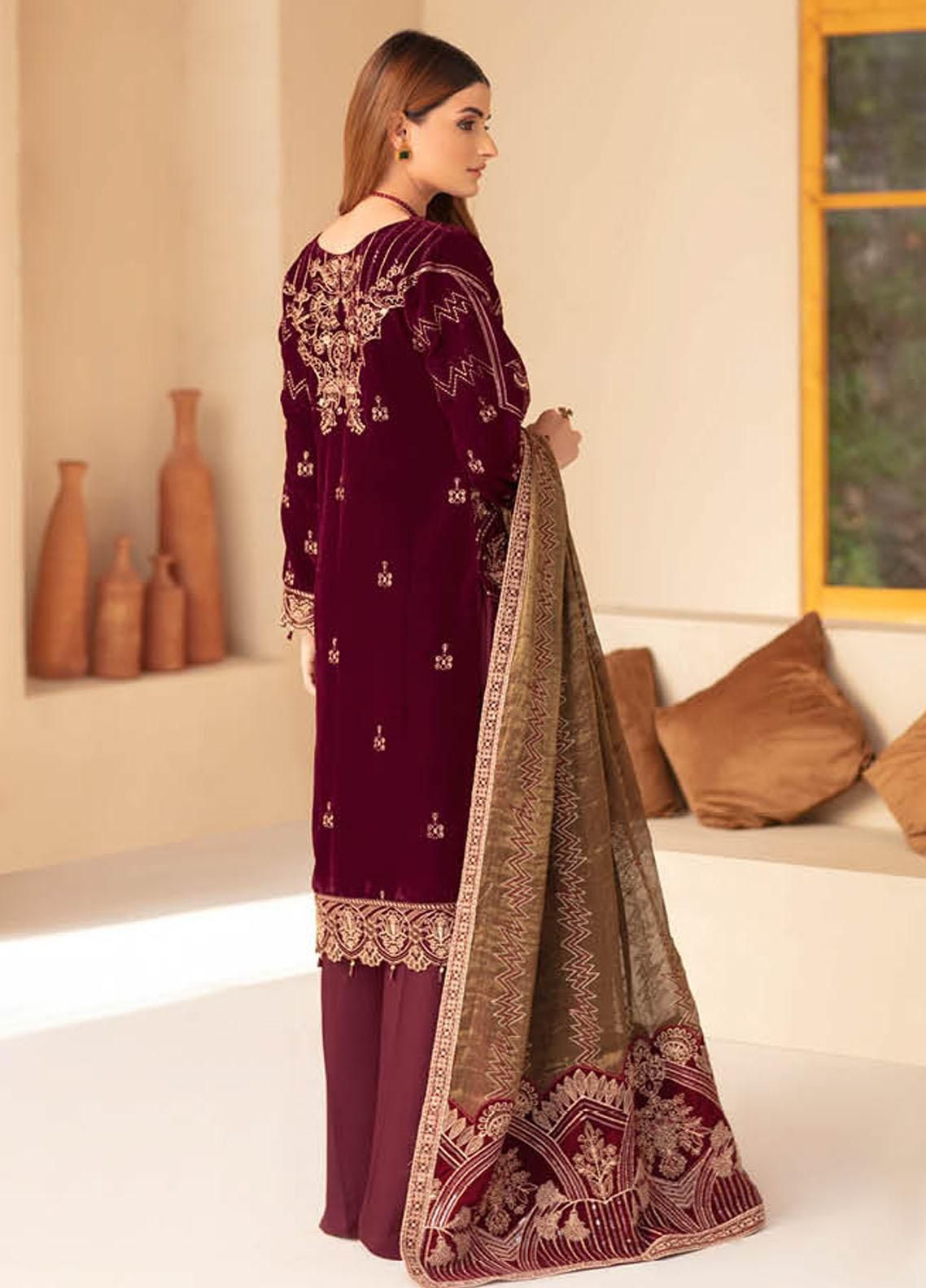 Ramsha Maroon Embroidered Formal Collection Velvet Replica