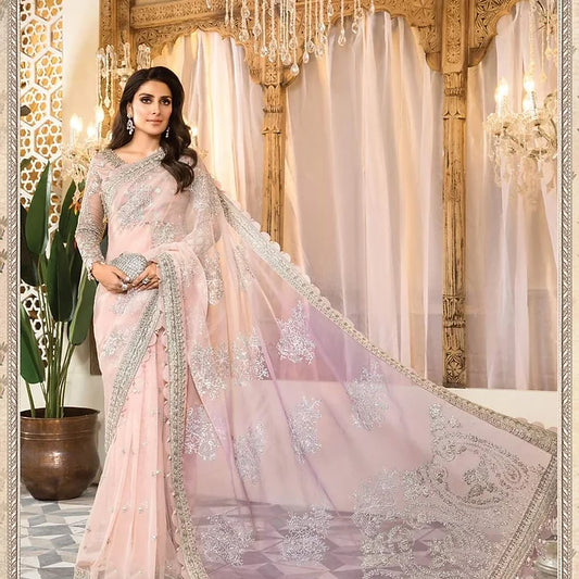 Maria B Pink Net Saree Bridal Collection Replica