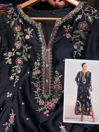ETHNC SILK KAFTAN 2PC E-104 JET BLACK STITCHED (Delivery Time 10 to 15 Days)