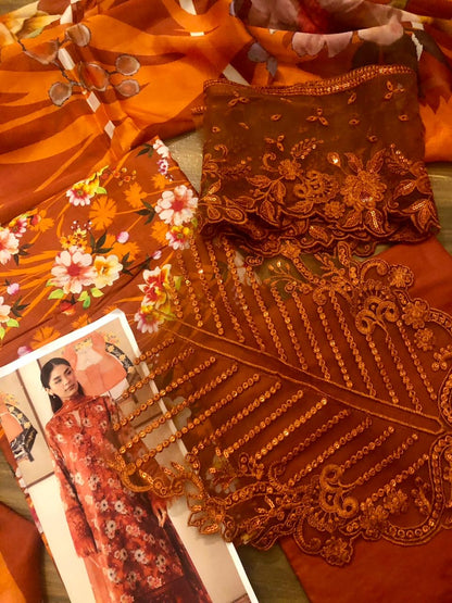 Afrozeh Orange Printed Lawn Collection Replica