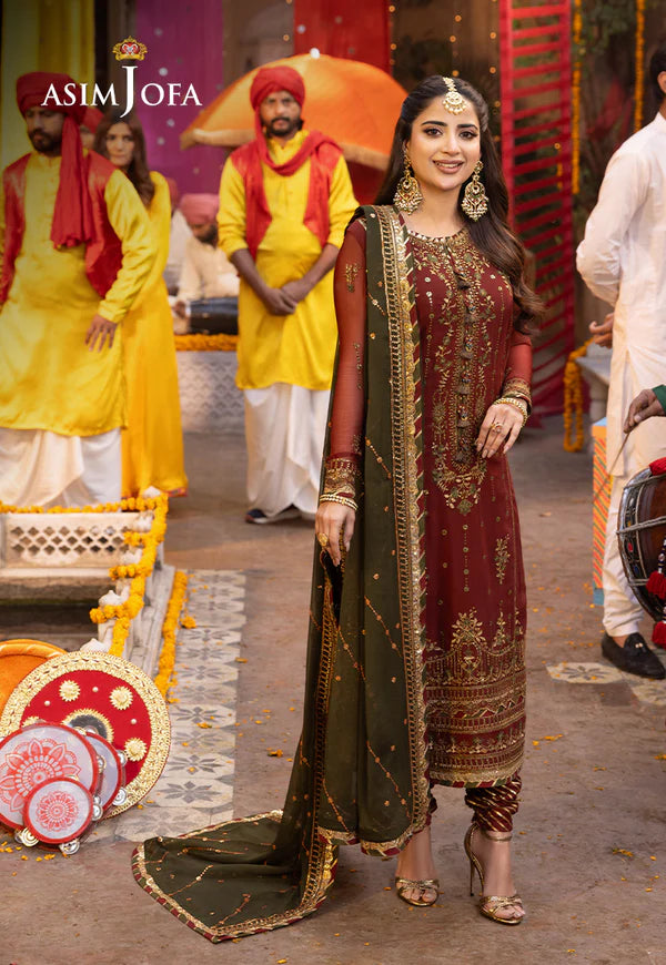 Asim Jofa Maroon Chiffon Formal Collection Replica