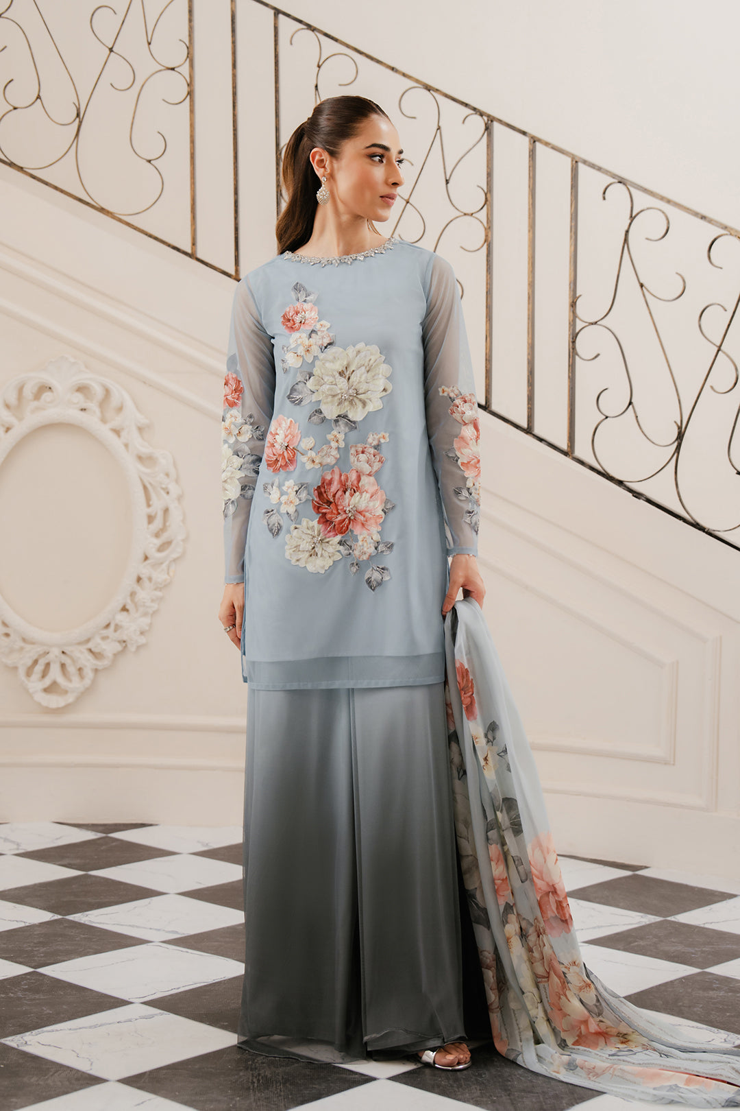 Lulusar Ice Blue Printed Silk Collection Replica