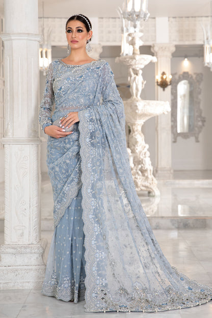 Maria B Ice Blue Net Exclusive Collection Saree Replica