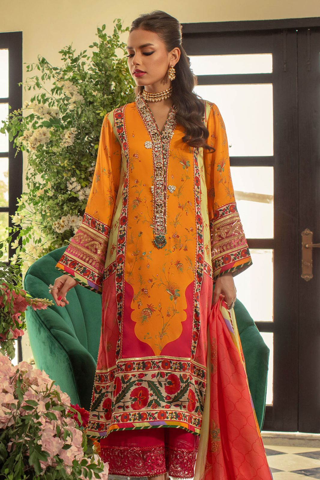 Anas Abrar Orange Printed Silk Collection Replica