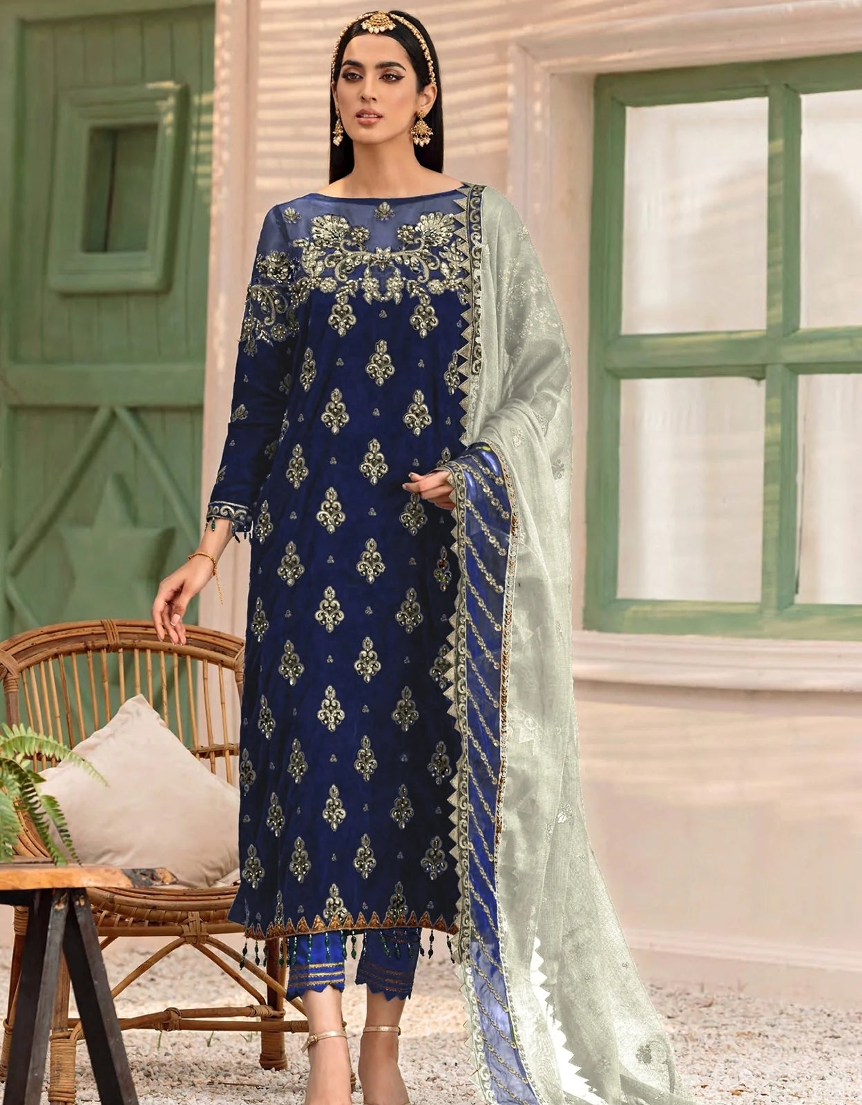 Emaan Adeel Dark Green/Blue Velvet Formal Collection Replica