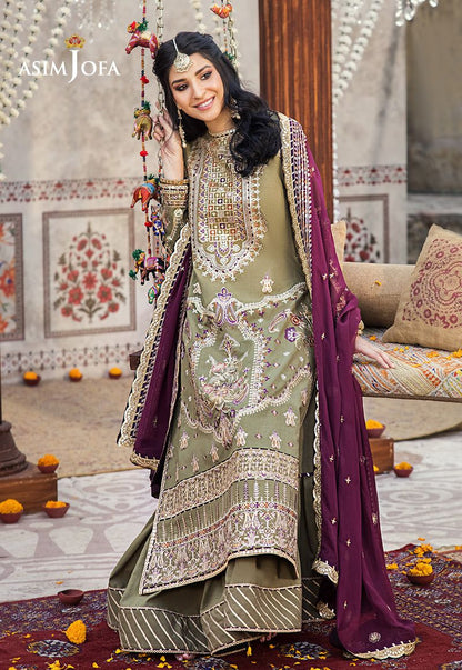 Asim Jofa Olive Embroidered Chiffon Collection Replica